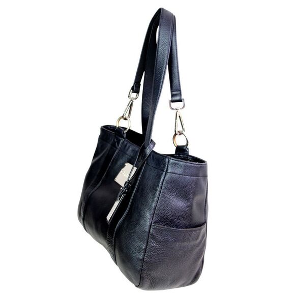 ROOMY Calvin Klein BLACK REAL LEATHER LOGO SHOULDER BAG HANDBAG TOTE HOBO PURSE - Picture 4 of 16